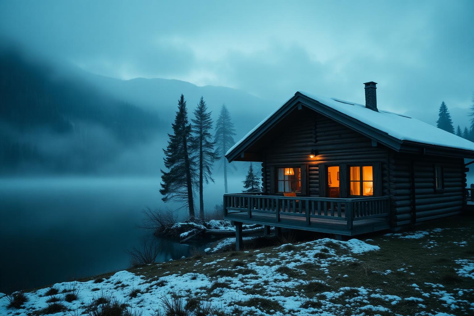 Chalet en bois au bord d'un lac de montagne brumeux à l'aube
